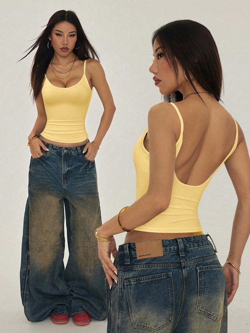PETITE Mustard Yellow Casual Knitted Cami With Spaghetti Straps And Backless Design Y2k Tops Tank Top Summer 2000s Clothes Women,Petite Women