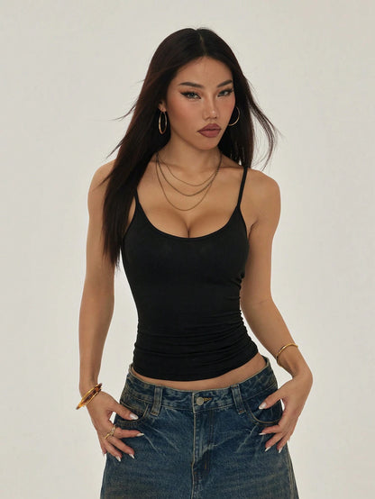 PETITE Mustard Yellow Casual Knitted Cami With Spaghetti Straps And Backless Design Y2k Tops Tank Top Summer 2000s Clothes Women,Petite Women