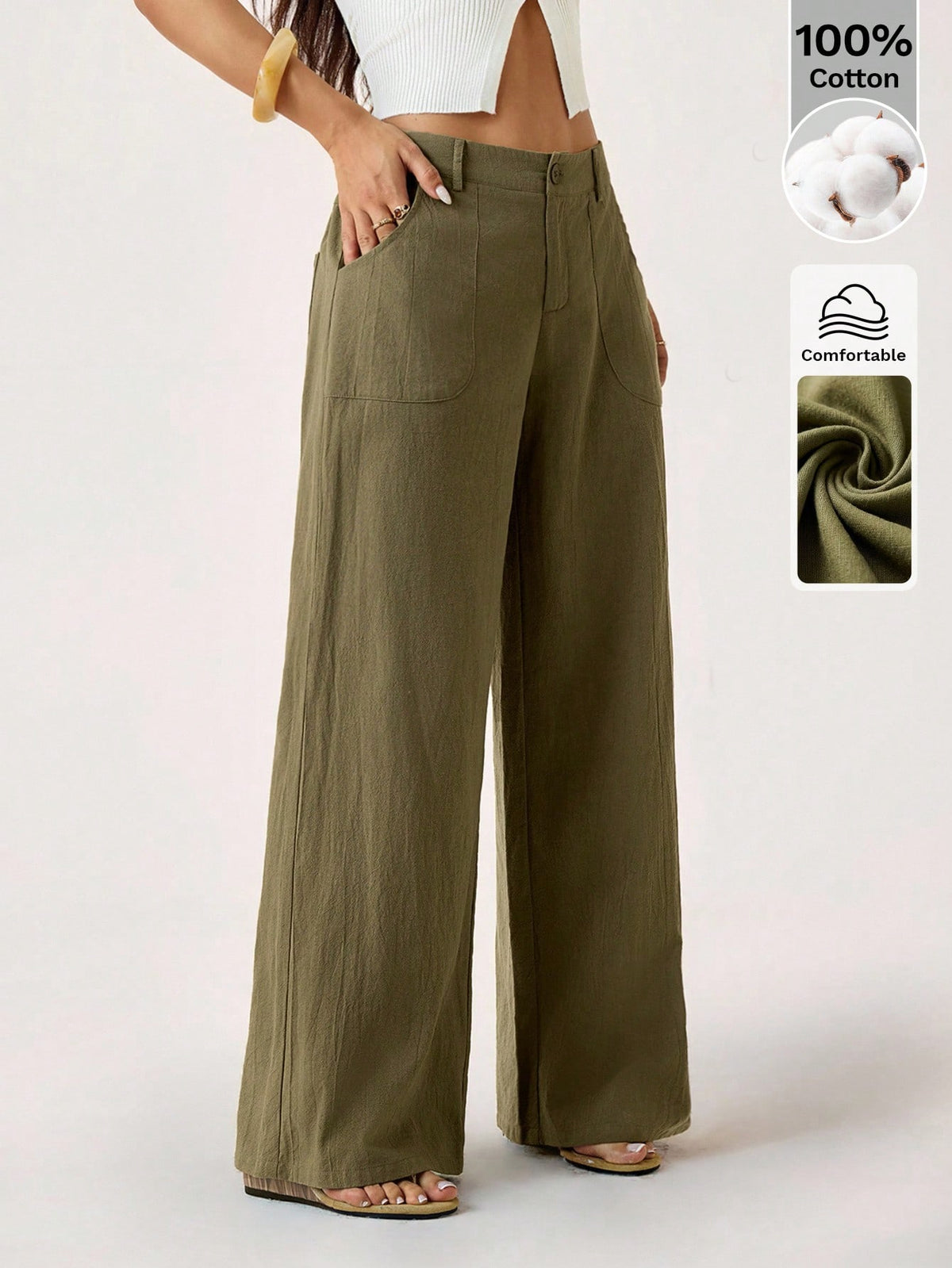 PETITE Plain Green Women's Pants With Relaxed Straight-Leg Design Women Wide Leg Loose For Linen Summer Cotton,Petite Women