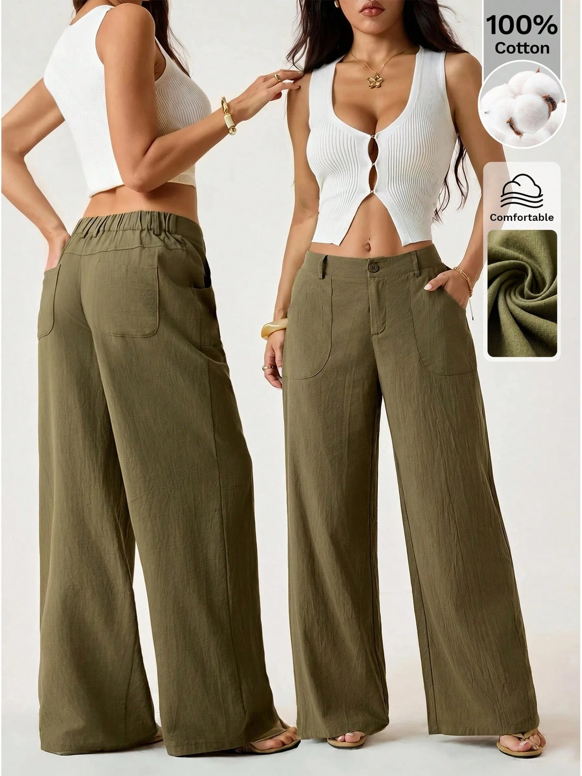 PETITE Plain Green Women's Pants With Relaxed Straight-Leg Design Women Wide Leg Loose For Linen Summer Cotton,Petite Women