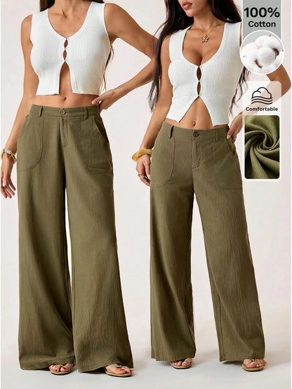 PETITE Plain Green Women's Pants With Relaxed Straight-Leg Design Women Wide Leg Loose For Linen Summer Cotton,Petite Women