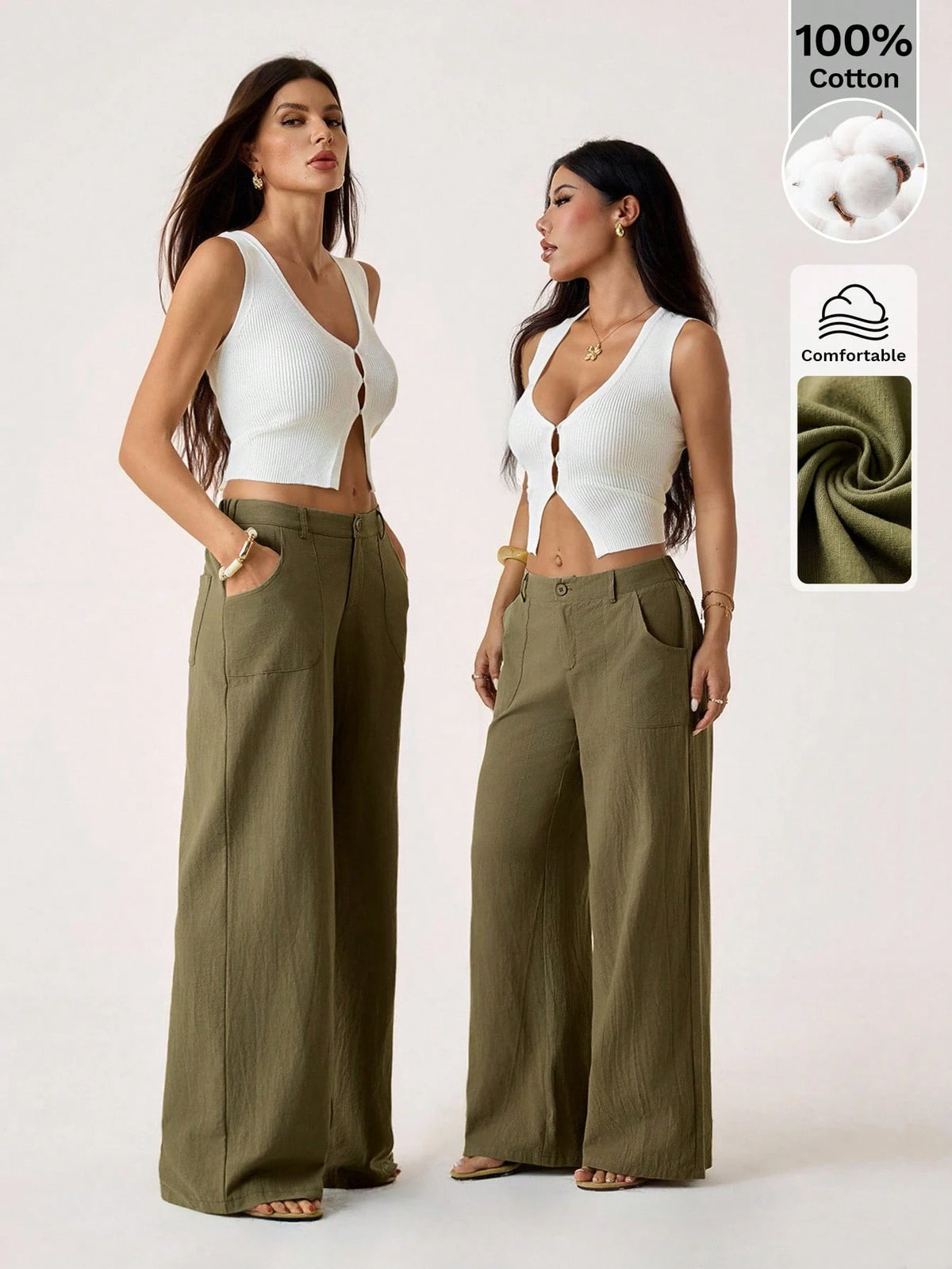 PETITE Plain Green Women's Pants With Relaxed Straight-Leg Design Women Wide Leg Loose For Linen Summer Cotton,Petite Women
