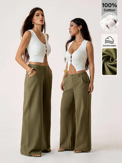 PETITE Plain Green Women's Pants With Relaxed Straight-Leg Design Women Wide Leg Loose For Linen Summer Cotton,Petite Women