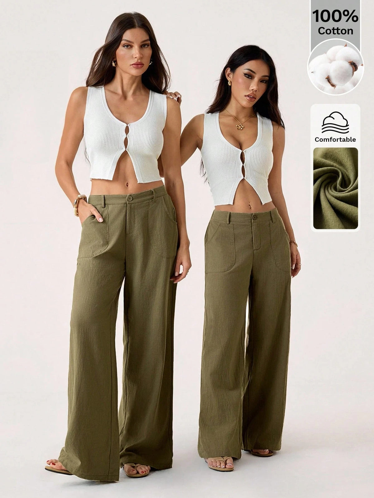 PETITE Plain Green Women's Pants With Relaxed Straight-Leg Design Women Wide Leg Loose For Linen Summer Cotton,Petite Women