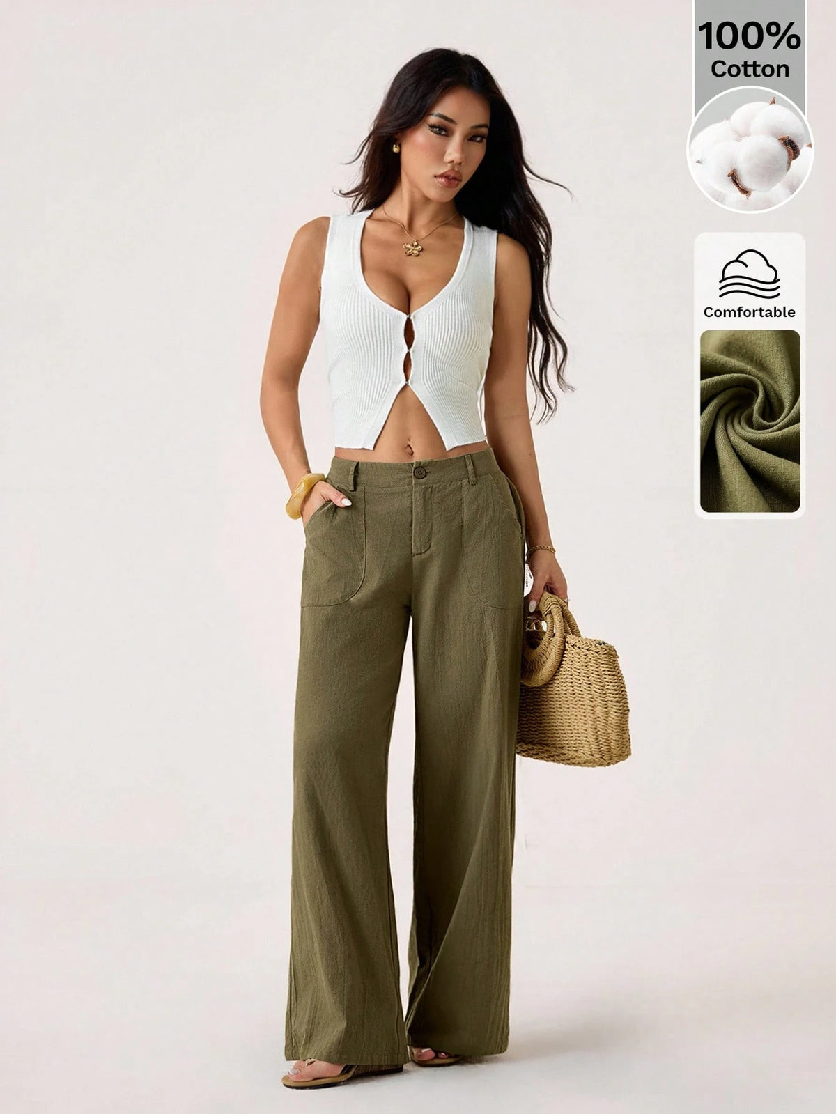 PETITE Plain Green Women's Pants With Relaxed Straight-Leg Design Women Wide Leg Loose For Linen Summer Cotton,Petite Women