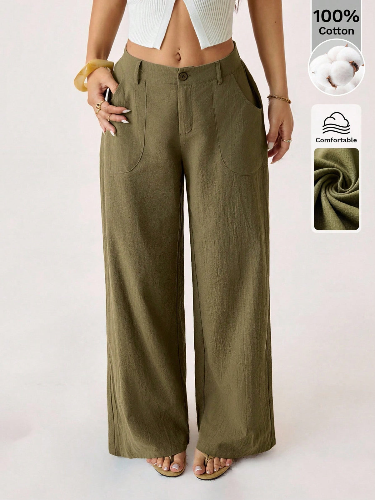 PETITE Plain Green Women's Pants With Relaxed Straight-Leg Design Women Wide Leg Loose For Linen Summer Cotton,Petite Women