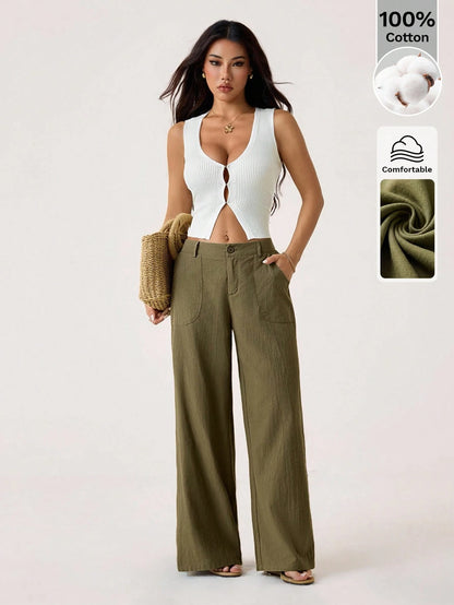 PETITE Plain Green Women's Pants With Relaxed Straight-Leg Design Women Wide Leg Loose For Linen Summer Cotton,Petite Women