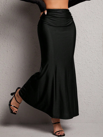 PETITE Solid Ruched Mermaid Hem Skirt,Petite Women