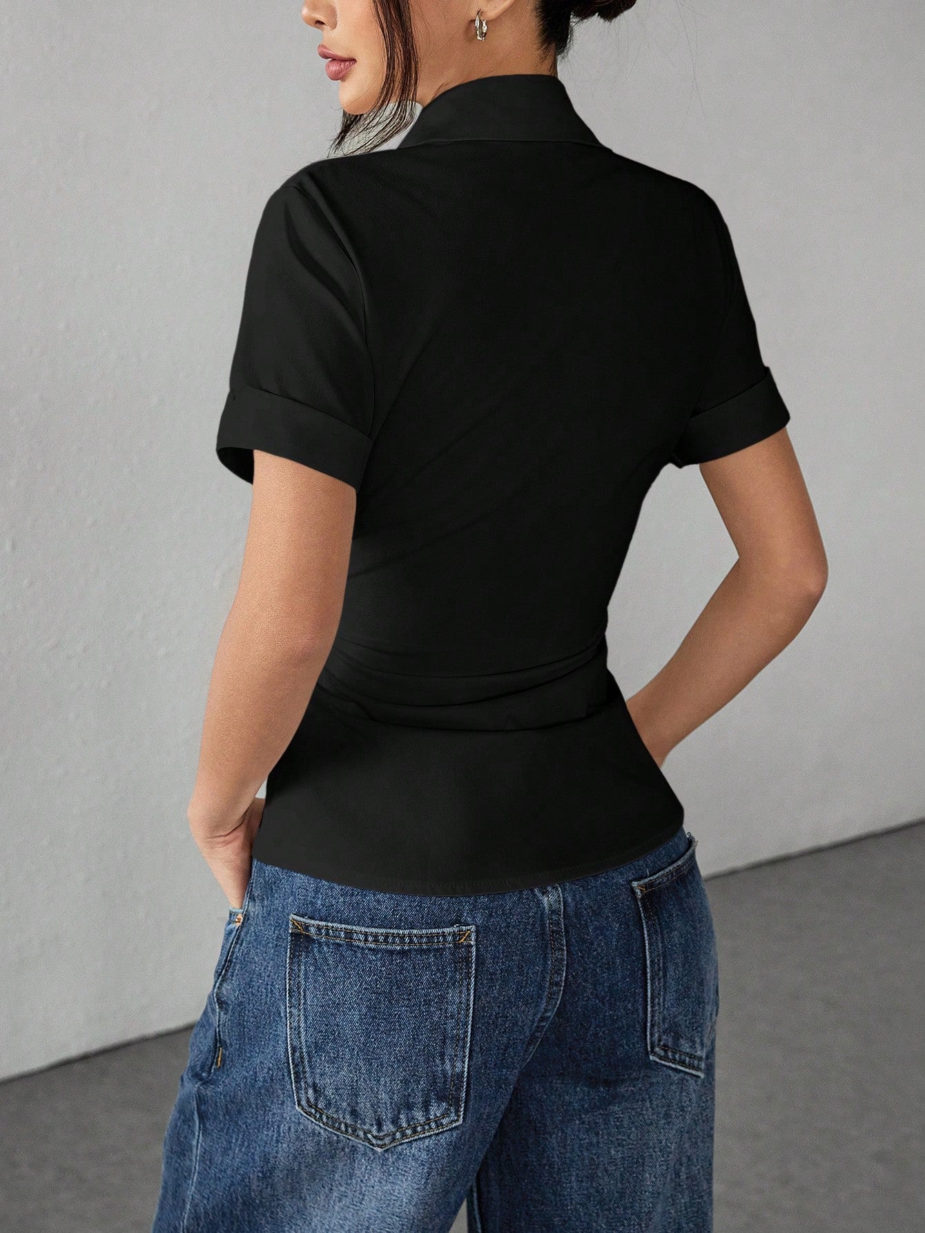 PETITE White Women's Shirt Waist Cinch Pleated Short Sleeve Shirt,Petite Women