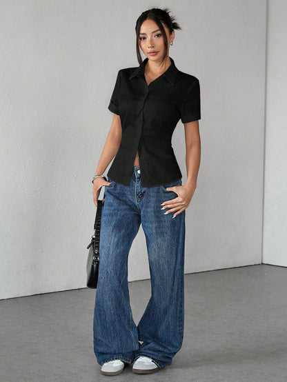 PETITE White Women's Shirt Waist Cinch Pleated Short Sleeve Shirt,Petite Women