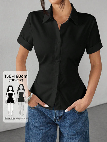 PETITE White Women's Shirt Waist Cinch Pleated Short Sleeve Shirt,Petite Women
