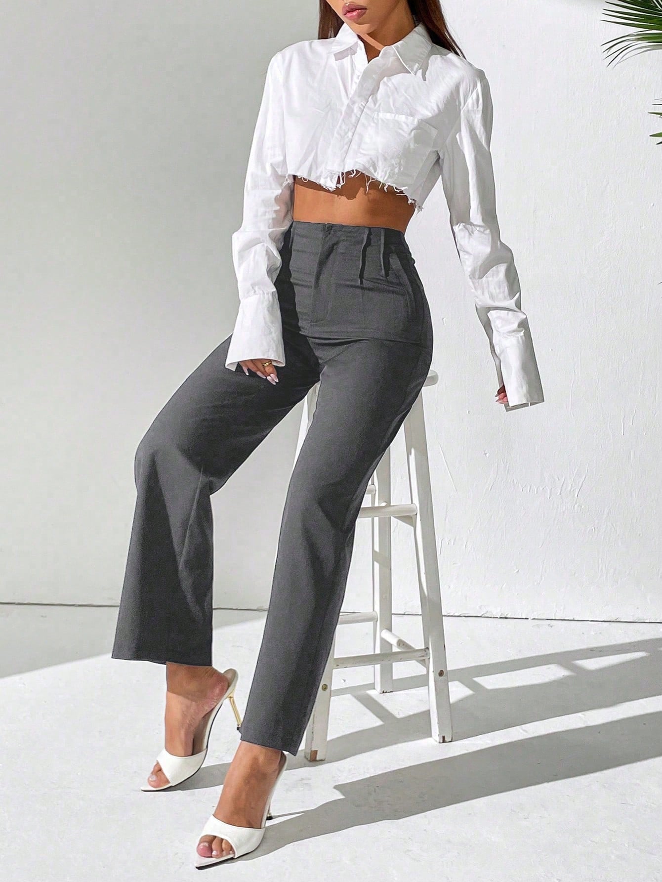 PETITE Women Casual Solid Color High Waist Straight Leg Trousers Fall Cloth For Women,Petite Women