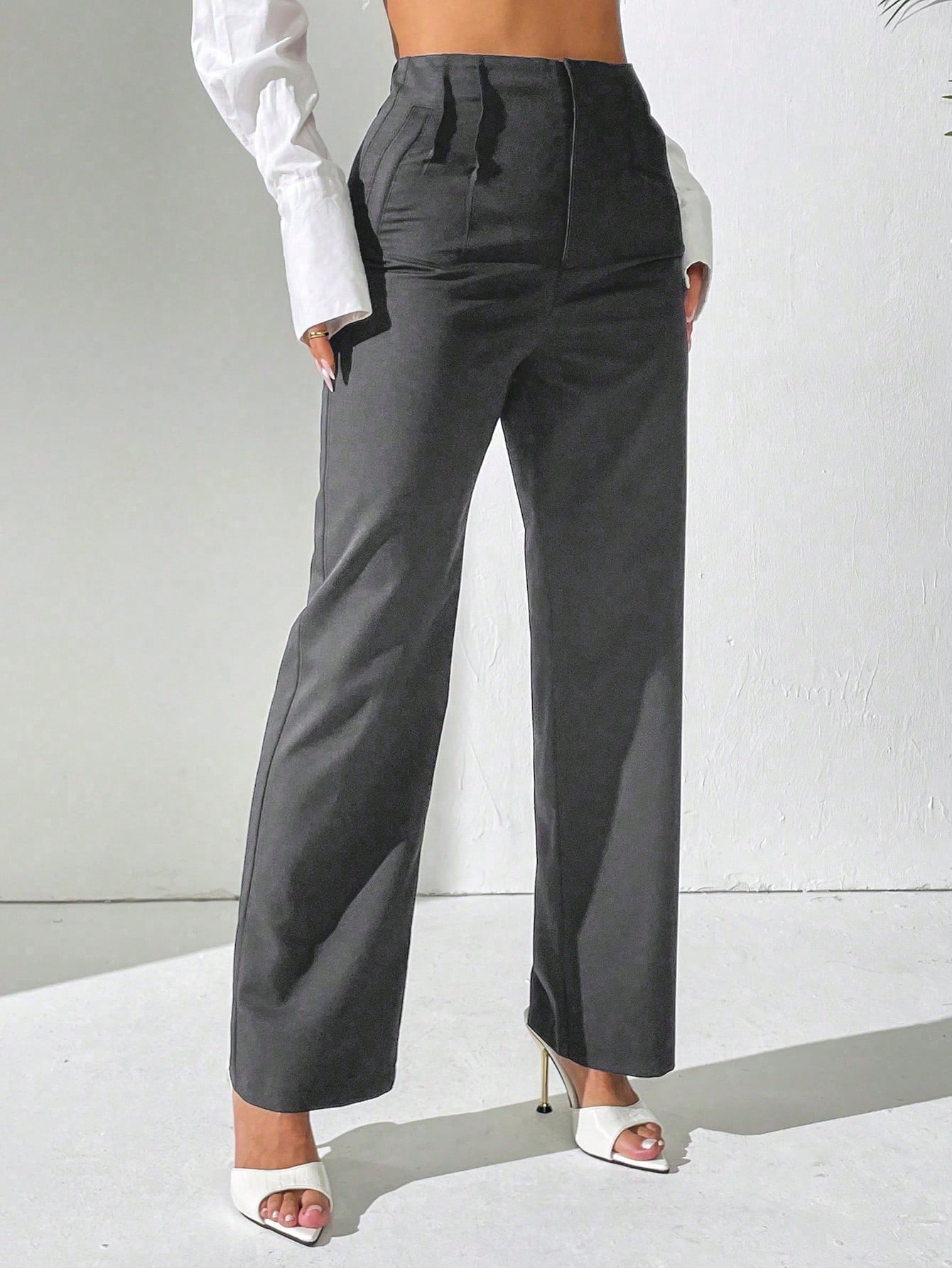 PETITE Women Casual Solid Color High Waist Straight Leg Trousers Fall Cloth For Women,Petite Women