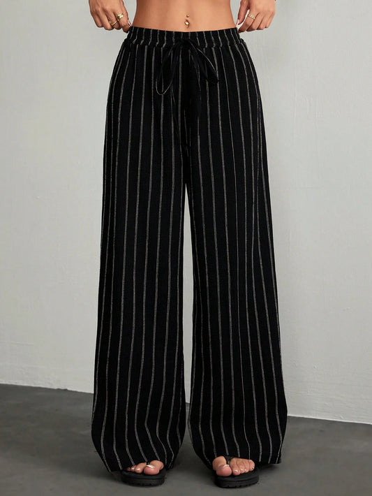 PETITE Women's Casual Commuter Striped Wide Leg Pants,Cargo Pants,Petite Women Lounge Black And White Autumn