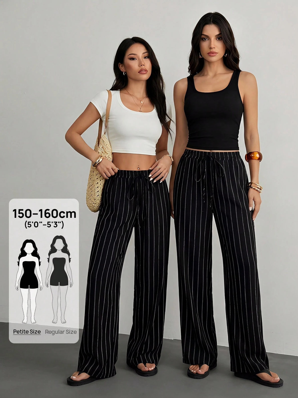 PETITE Women's Casual Commuter Striped Wide Leg Pants,Cargo Pants,Petite Women Lounge Black And White Autumn