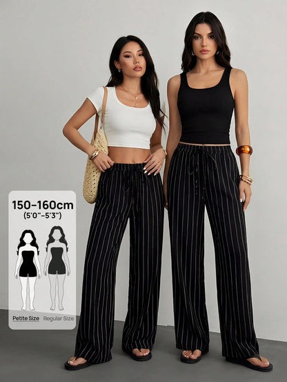 PETITE Women's Casual Commuter Striped Wide Leg Pants,Cargo Pants,Petite Women Lounge Black And White Autumn