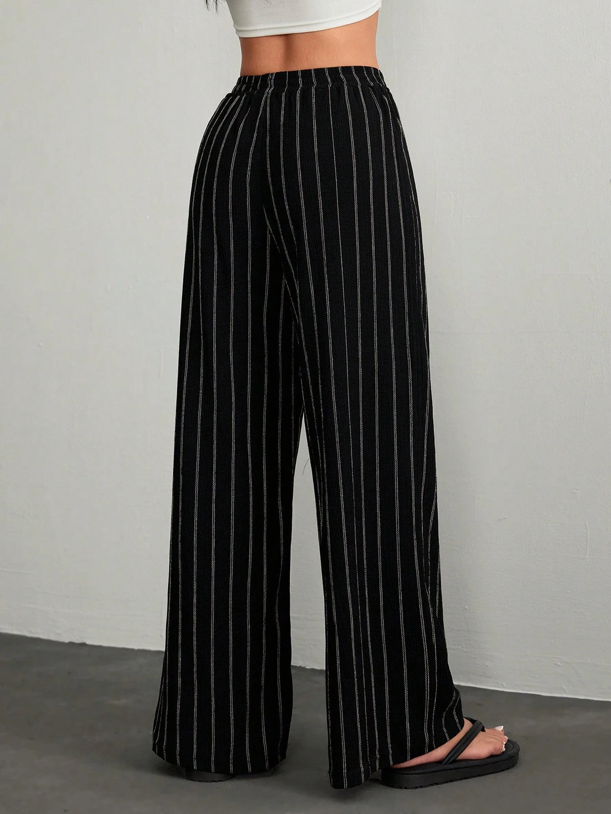 PETITE Women's Casual Commuter Striped Wide Leg Pants,Cargo Pants,Petite Women Lounge Black And White Autumn