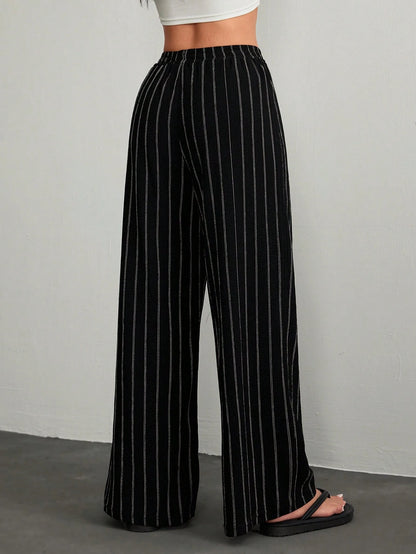 PETITE Women's Casual Commuter Striped Wide Leg Pants,Cargo Pants,Petite Women Lounge Black And White Autumn