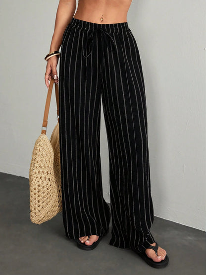 PETITE Women's Casual Commuter Striped Wide Leg Pants,Cargo Pants,Petite Women Lounge Black And White Autumn