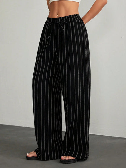 PETITE Women's Casual Commuter Striped Wide Leg Pants,Cargo Pants,Petite Women Lounge Black And White Autumn