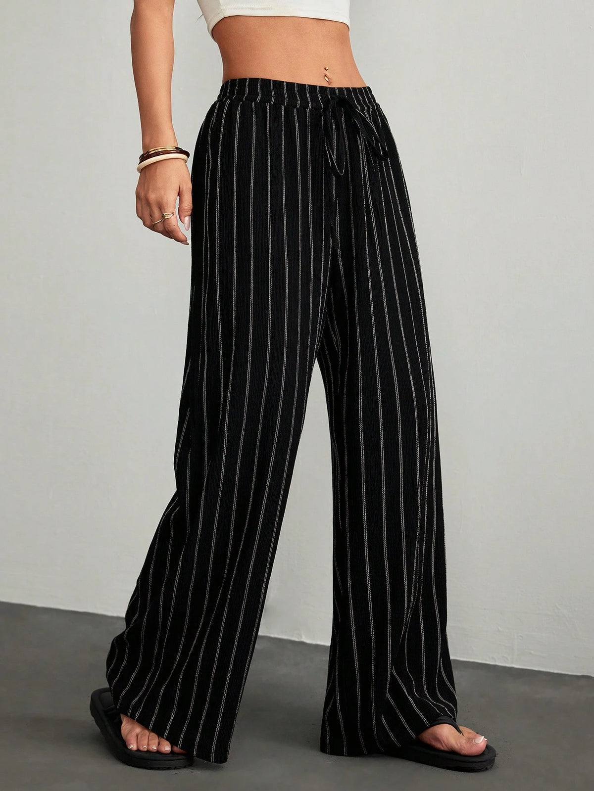 PETITE Women's Casual Commuter Striped Wide Leg Pants,Cargo Pants,Petite Women Lounge Black And White Autumn
