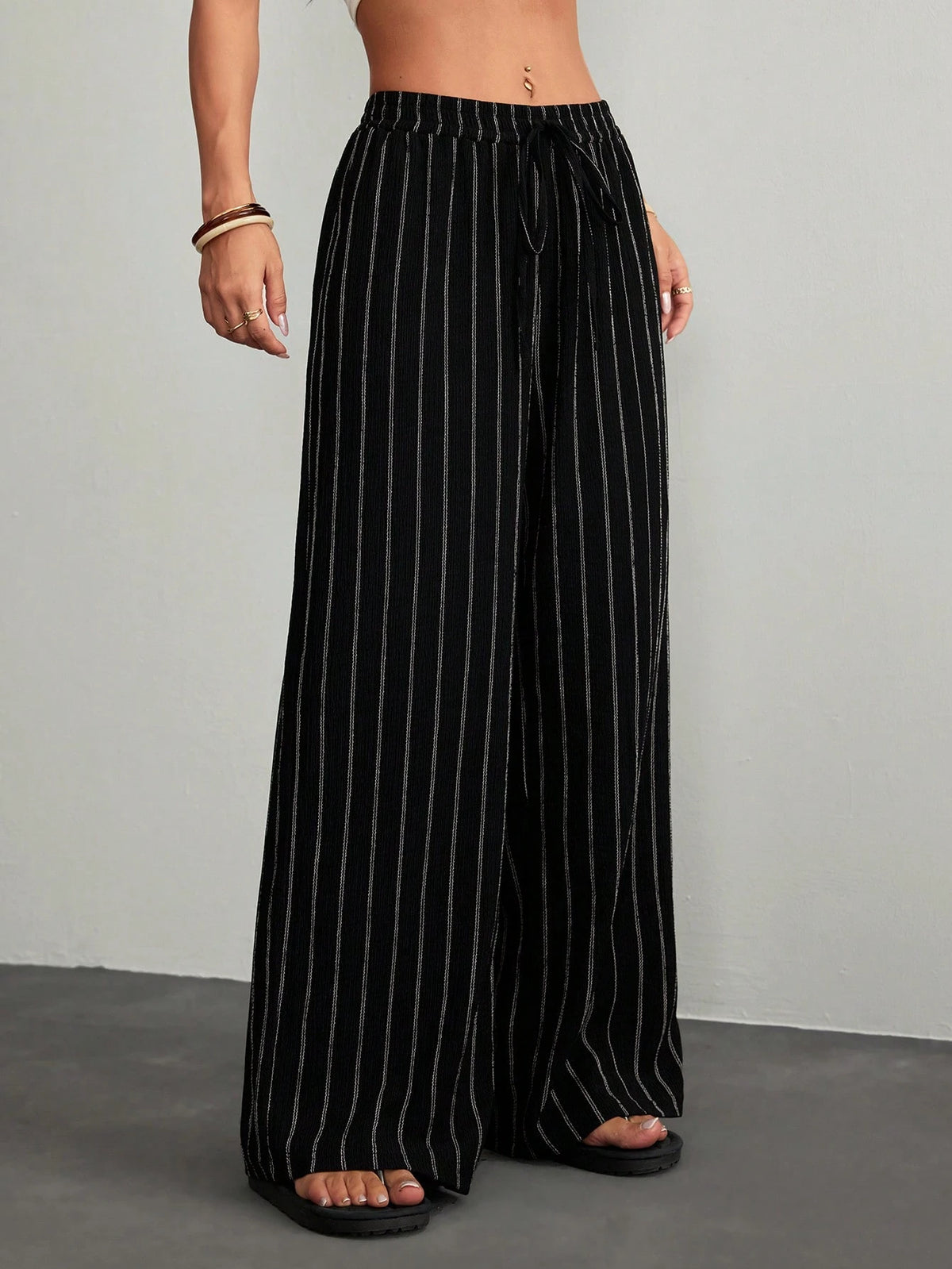 PETITE Women's Casual Commuter Striped Wide Leg Pants,Cargo Pants,Petite Women Lounge Black And White Autumn