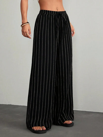 PETITE Women's Casual Commuter Striped Wide Leg Pants,Cargo Pants,Petite Women Lounge Black And White Autumn