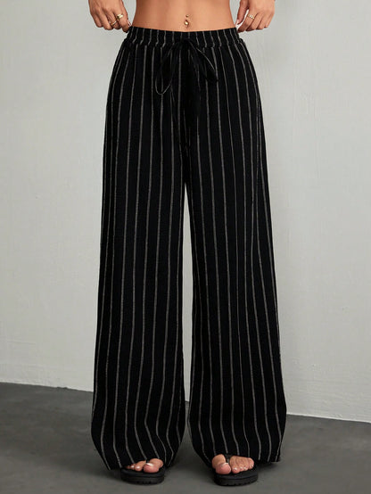 PETITE Women's Casual Commuter Striped Wide Leg Pants,Cargo Pants,Petite Women Lounge Black And White Autumn
