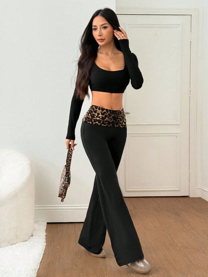 PETITE Women's Casual Sexy Western Black Knitted Flare Leg Pants,Leopard Print Ruched Waistband,Extra Long Autumn Night Out Going Out Petite Women