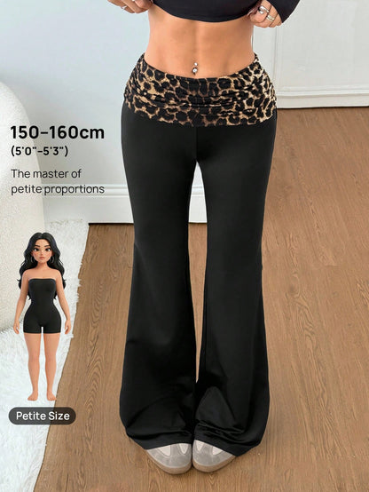 PETITE Women's Casual Sexy Western Black Knitted Flare Leg Pants,Leopard Print Ruched Waistband,Extra Long Autumn Night Out Going Out Petite Women