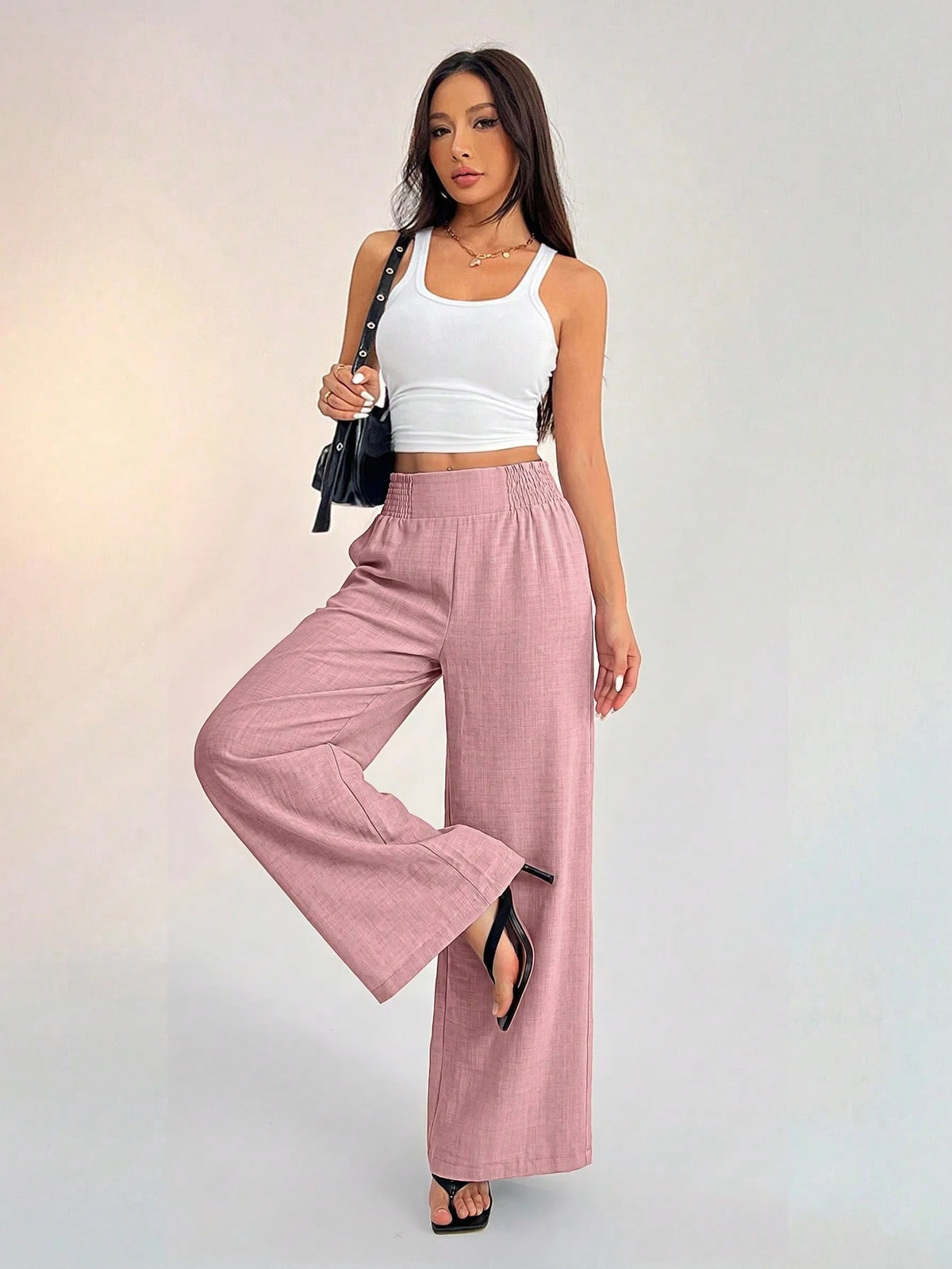 PETITE Women's Casual Vacation Waistband Blue Wide Leg Pants,Petite Women