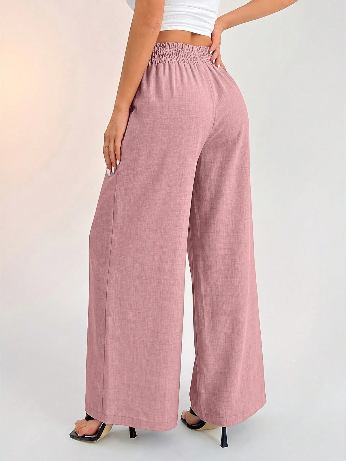 PETITE Women's Casual Vacation Waistband Blue Wide Leg Pants,Petite Women