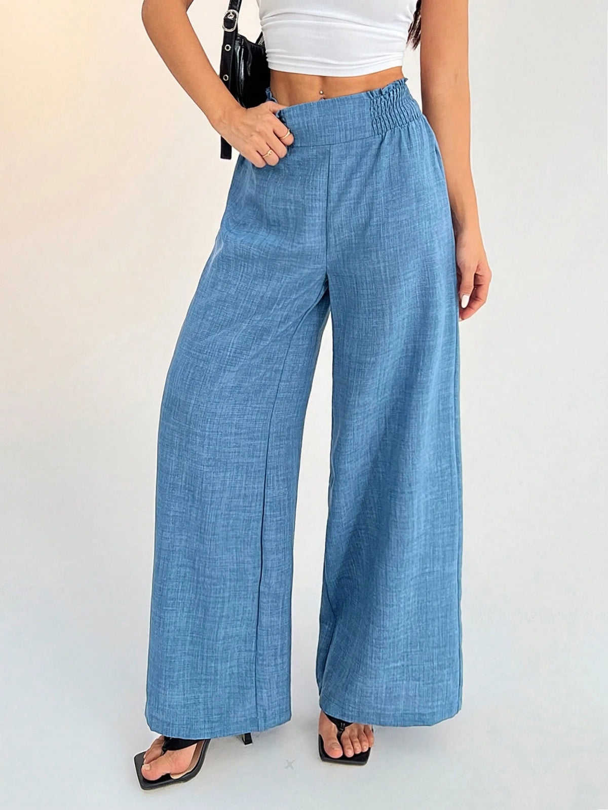 PETITE Women's Casual Vacation Waistband Blue Wide Leg Pants,Petite Women