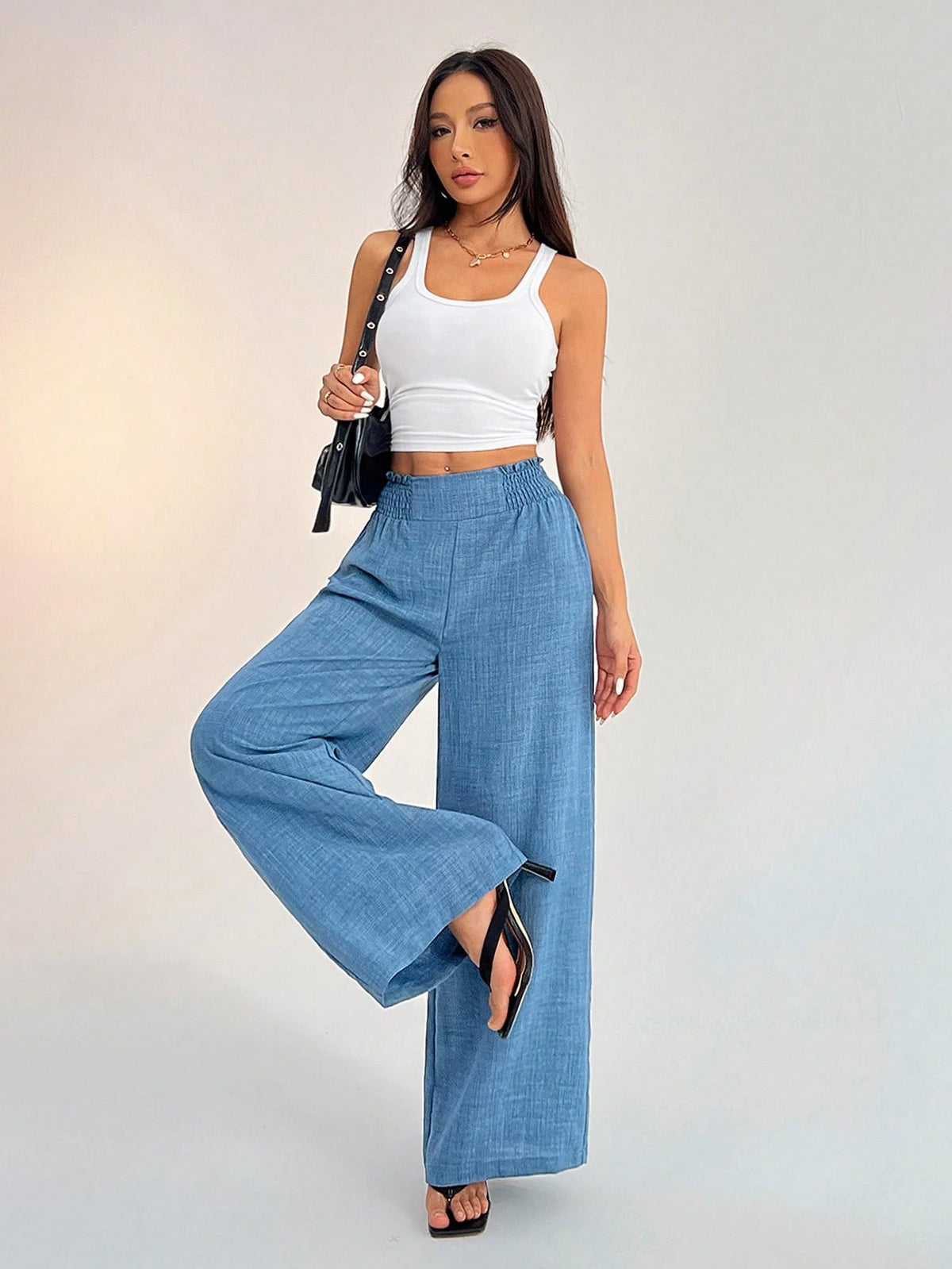 PETITE Women's Casual Vacation Waistband Blue Wide Leg Pants,Petite Women