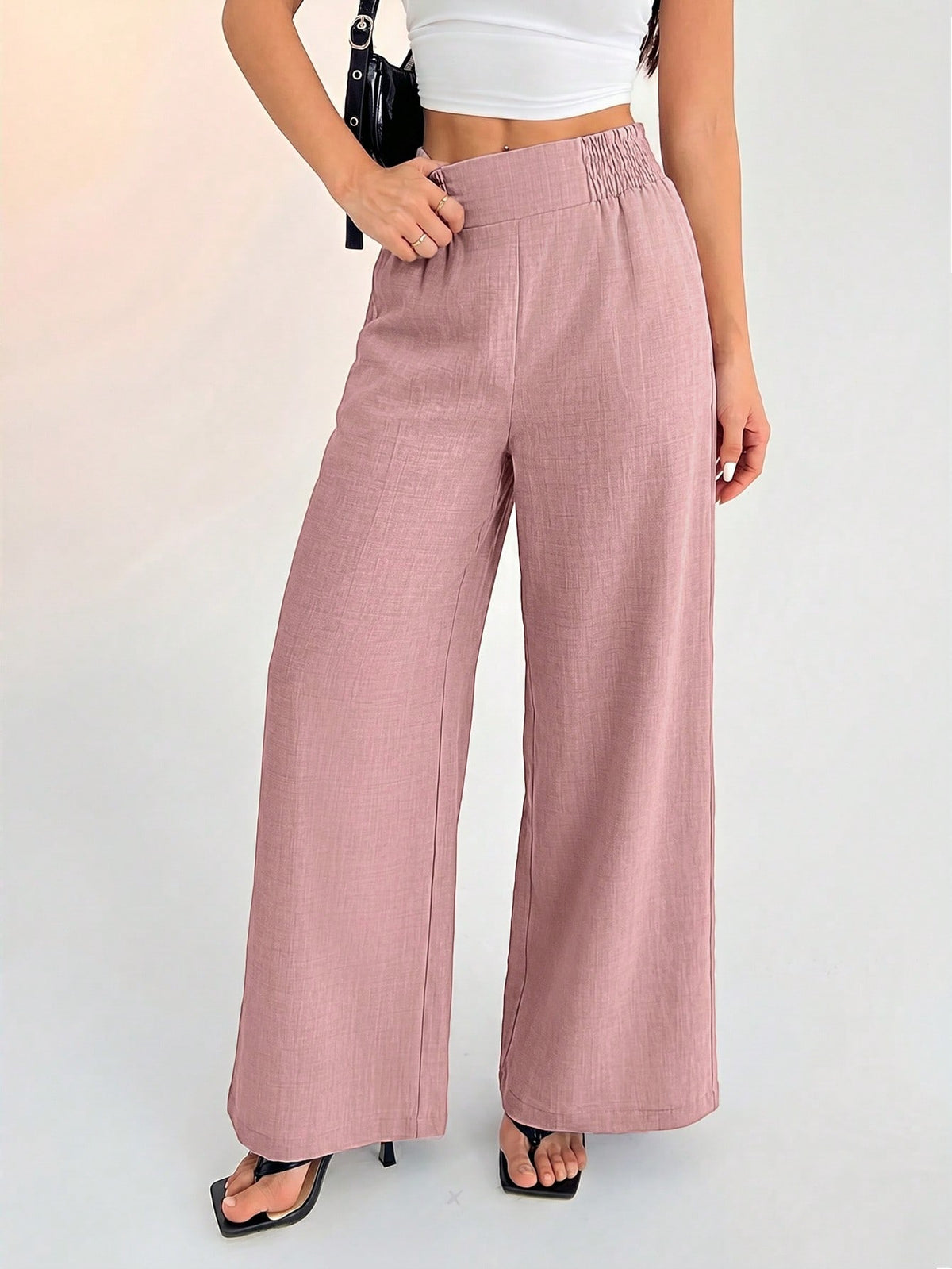PETITE Women's Casual Vacation Waistband Blue Wide Leg Pants,Petite Women