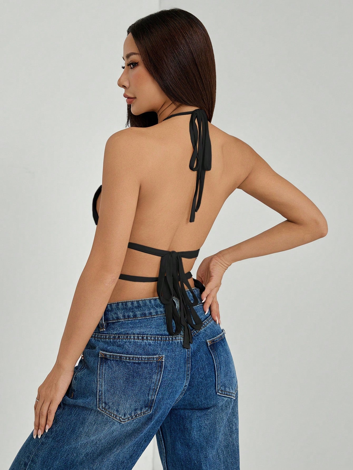 PETITE Women's Pleated Halter Neckline Waist-Tied Backless Tank Top,Petite Women