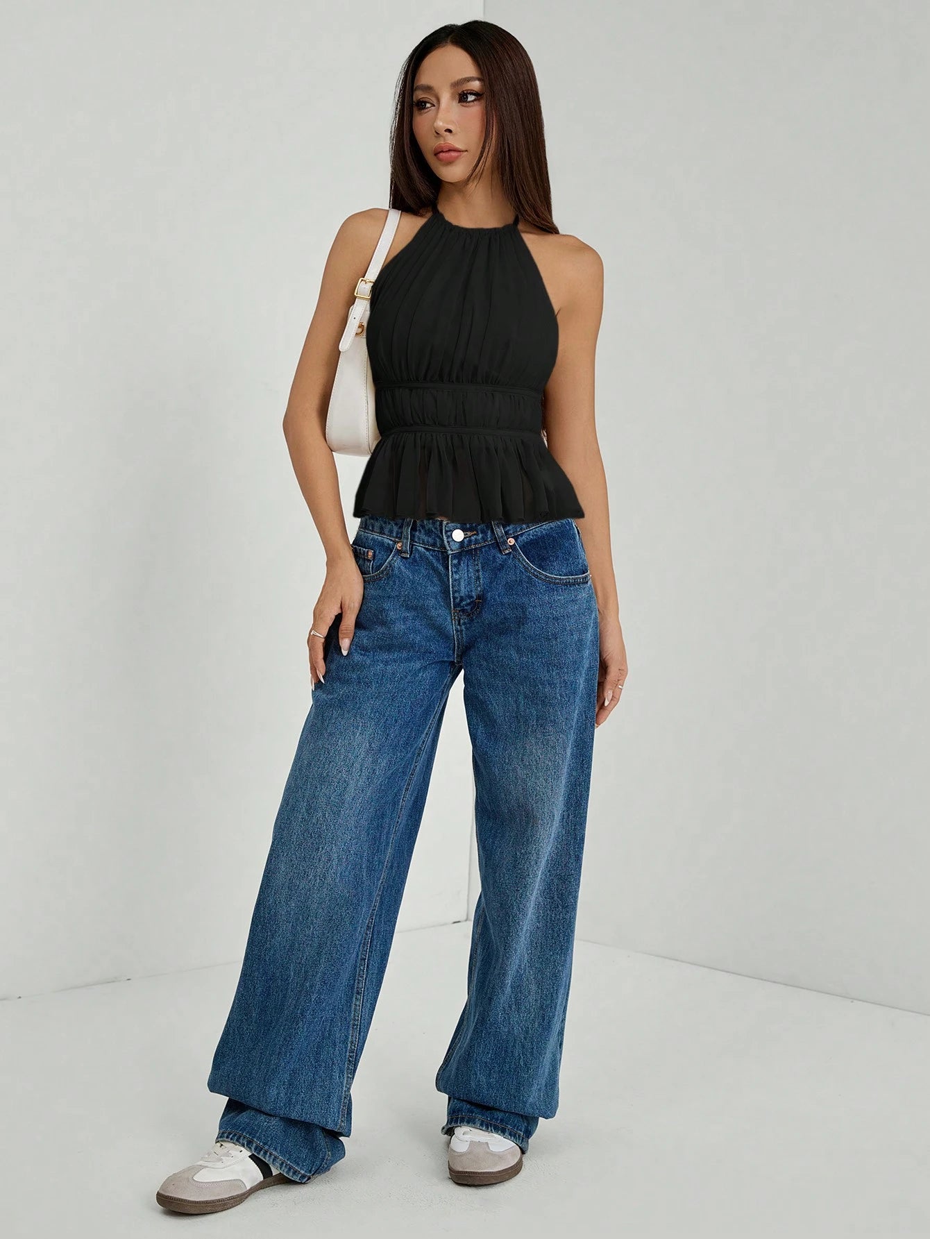 PETITE Women's Pleated Halter Neckline Waist-Tied Backless Tank Top,Petite Women