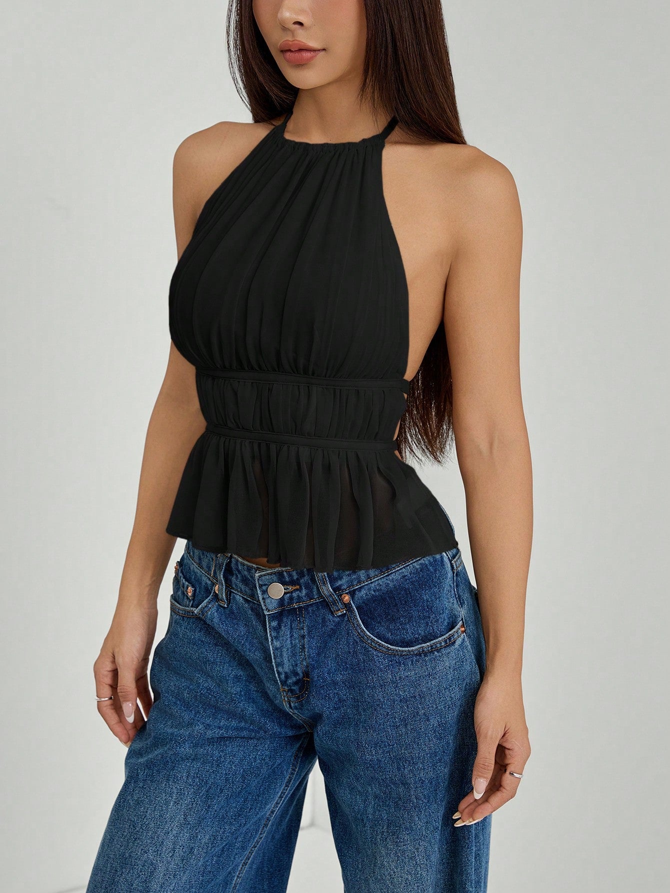PETITE Women's Pleated Halter Neckline Waist-Tied Backless Tank Top,Petite Women