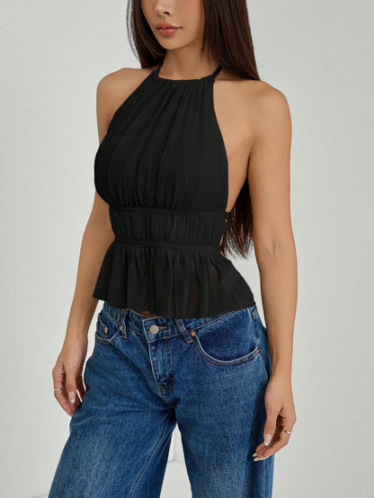 PETITE Women's Pleated Halter Neckline Waist-Tied Backless Tank Top,Petite Women