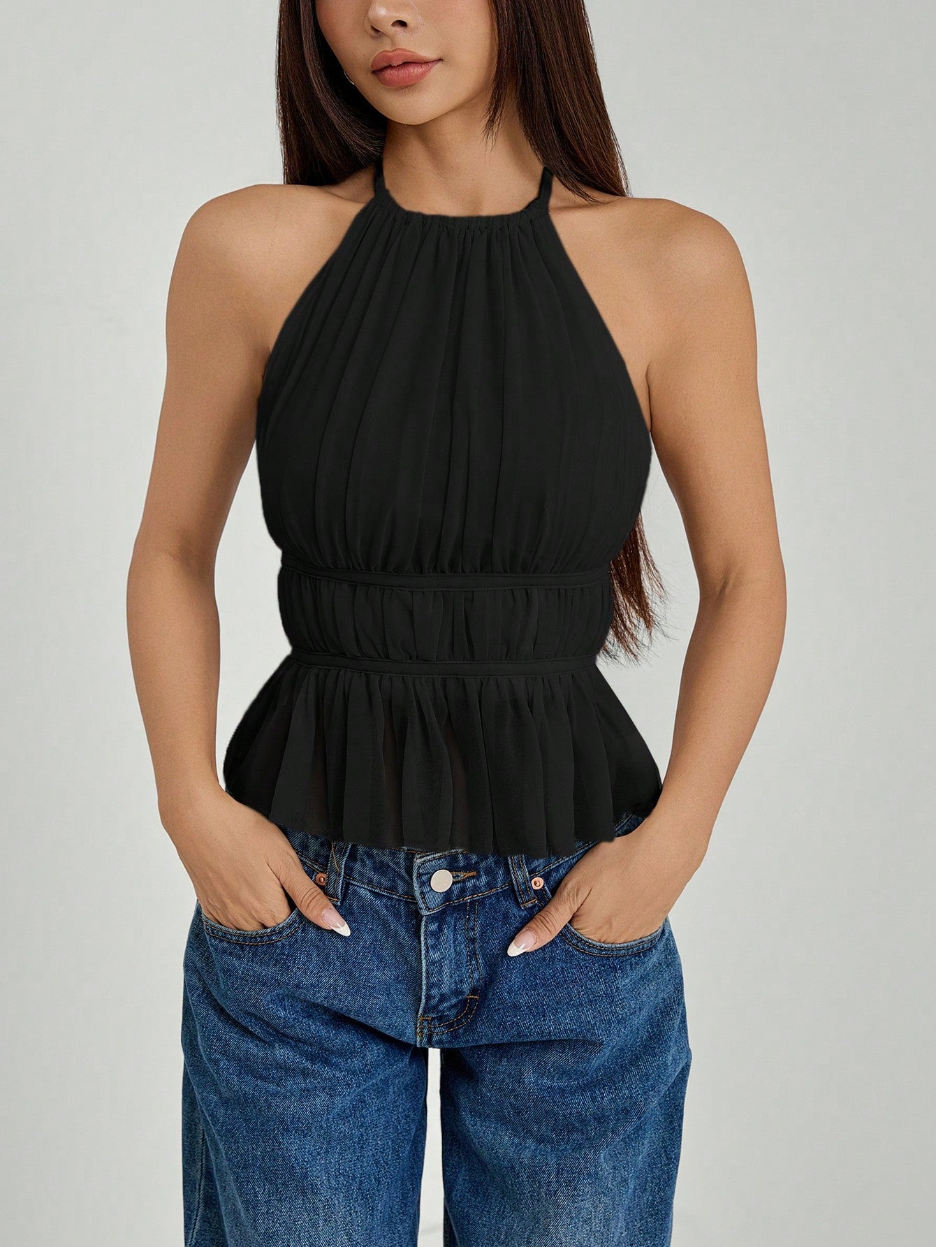 PETITE Women's Pleated Halter Neckline Waist-Tied Backless Tank Top,Petite Women