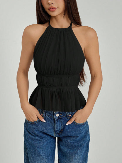 PETITE Women's Pleated Halter Neckline Waist-Tied Backless Tank Top,Petite Women