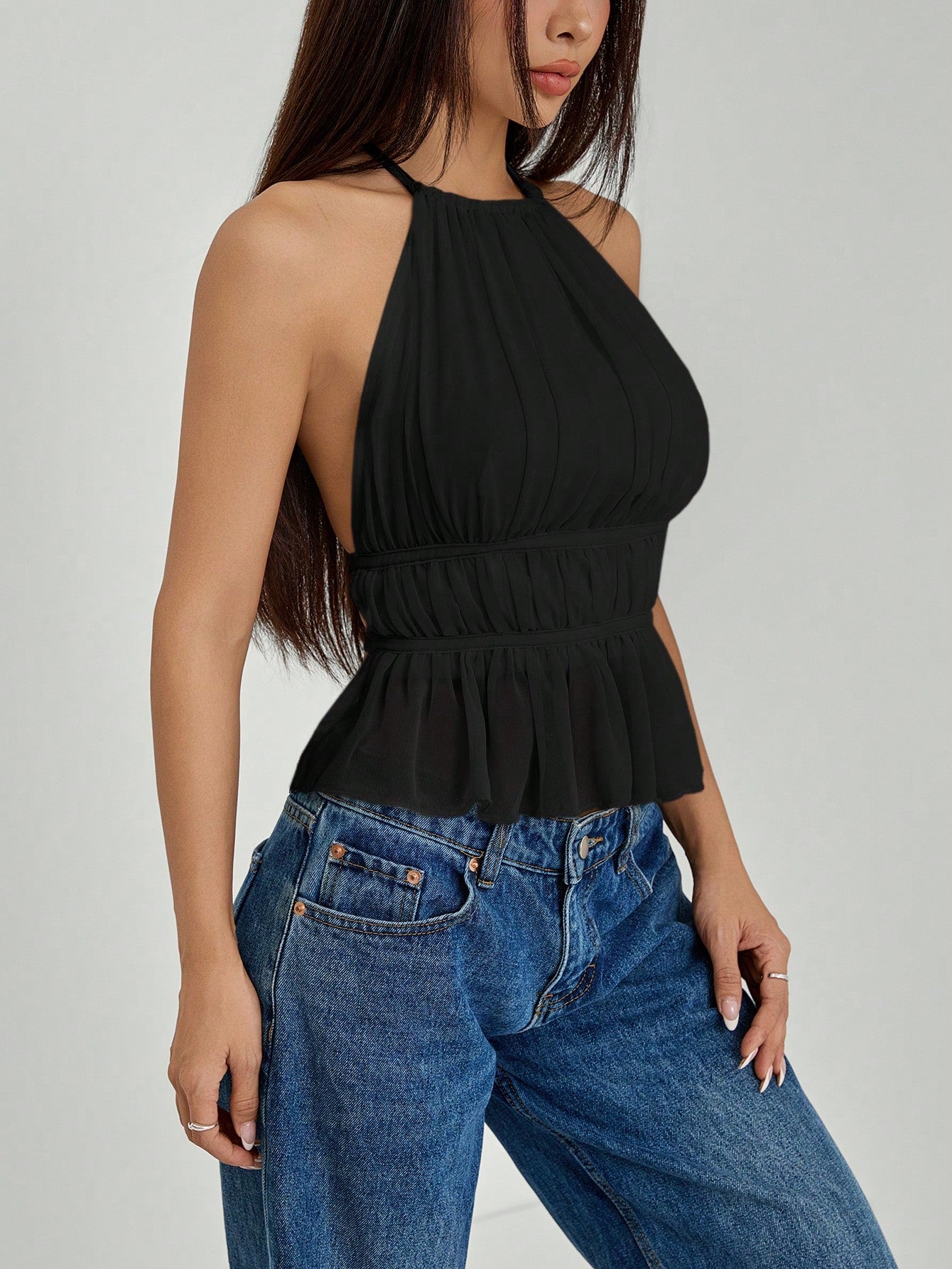 PETITE Women's Pleated Halter Neckline Waist-Tied Backless Tank Top,Petite Women