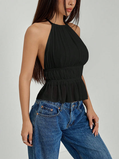 PETITE Women's Pleated Halter Neckline Waist-Tied Backless Tank Top,Petite Women