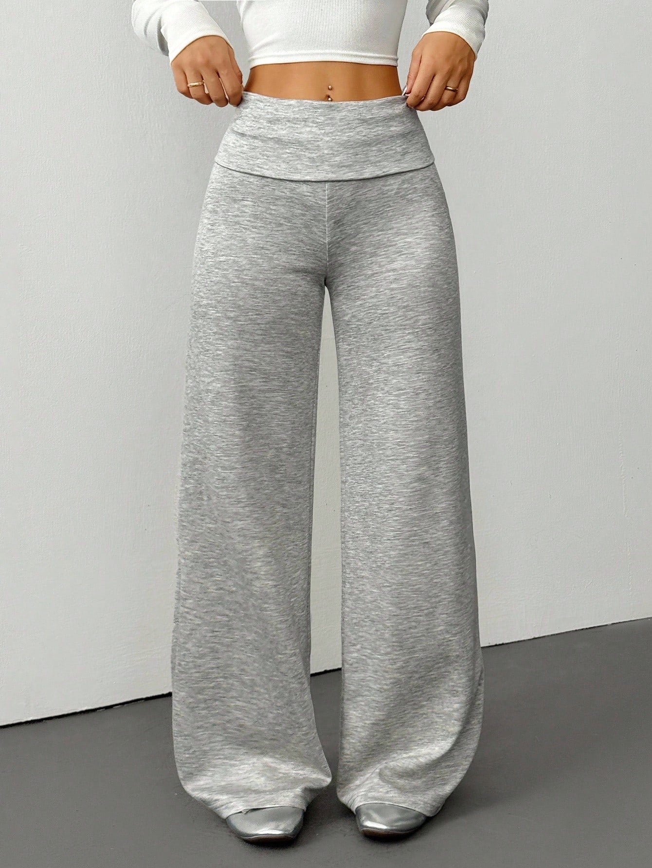 PETITE Women's Solid Color Fold-Over Waist Wide-Leg Loose Casual Pants, Autumn Gray Loungewear Knit Sweatpants, All-Match Home Wear Flared Pants, Petite