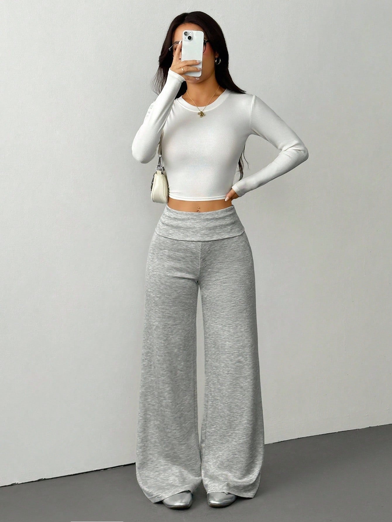 PETITE Women's Solid Color Fold-Over Waist Wide-Leg Loose Casual Pants, Autumn Gray Loungewear Knit Sweatpants, All-Match Home Wear Flared Pants, Petite