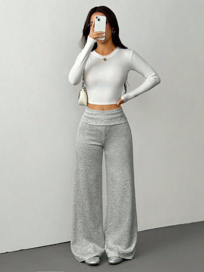 PETITE Women's Solid Color Fold-Over Waist Wide-Leg Loose Casual Pants, Autumn Gray Loungewear Knit Sweatpants, All-Match Home Wear Flared Pants, Petite