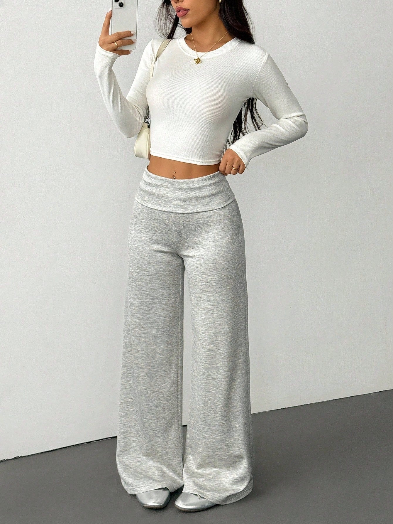 PETITE Women's Solid Color Fold-Over Waist Wide-Leg Loose Casual Pants, Autumn Gray Loungewear Knit Sweatpants, All-Match Home Wear Flared Pants, Petite