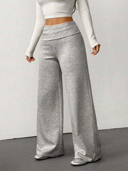 PETITE Women's Solid Color Fold-Over Waist Wide-Leg Loose Casual Pants, Autumn Gray Loungewear Knit Sweatpants, All-Match Home Wear Flared Pants, Petite