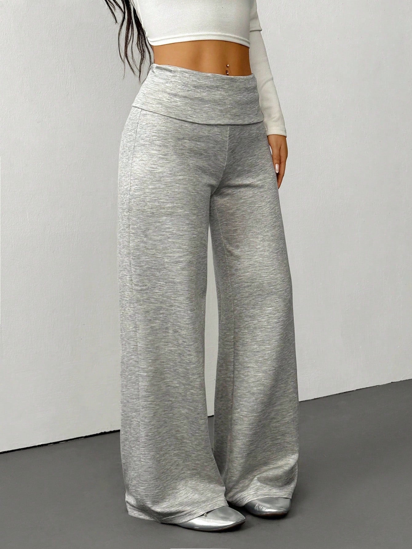 PETITE Women's Solid Color Fold-Over Waist Wide-Leg Loose Casual Pants, Autumn Gray Loungewear Knit Sweatpants, All-Match Home Wear Flared Pants, Petite