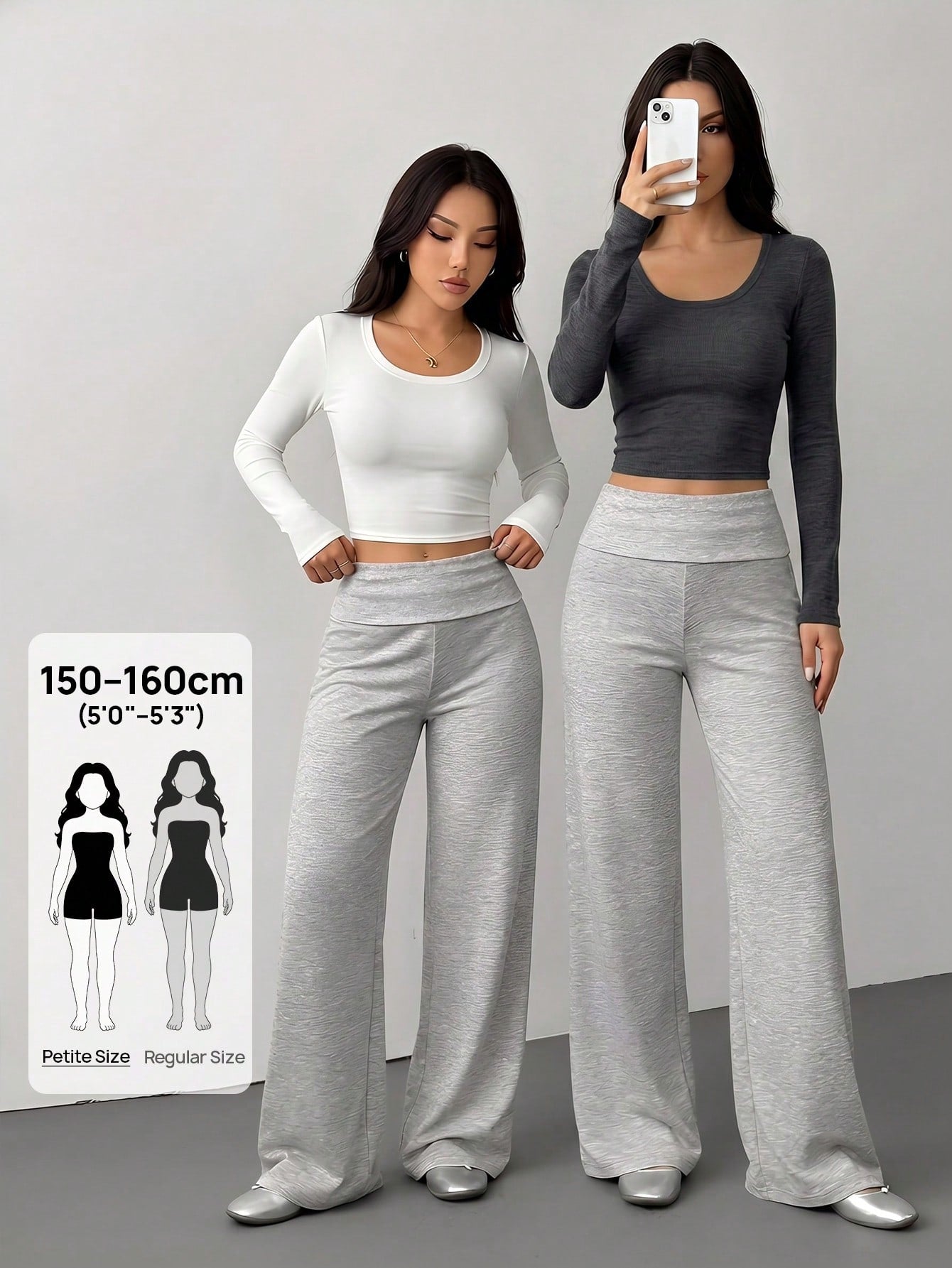 PETITE Women's Solid Color Fold-Over Waist Wide-Leg Loose Casual Pants, Autumn Gray Loungewear Knit Sweatpants, All-Match Home Wear Flared Pants, Petite